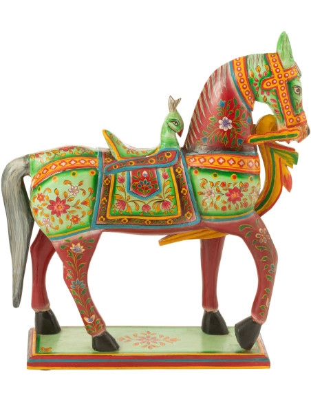 Statue indienne Cheval 55 cm en Bois de manguier Rouge Vert Mumbai - 4