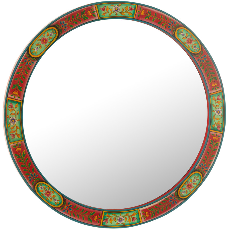 Miroir mural indien Rond 75x75 en Bois Rouge Vert Motif fleurs Mumbai - 1