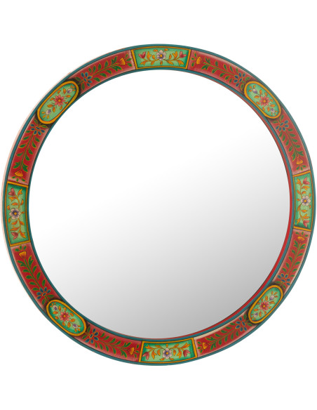 Miroir mural indien Rond 75x75 en Bois Rouge Vert Motif fleurs Mumbai - 1