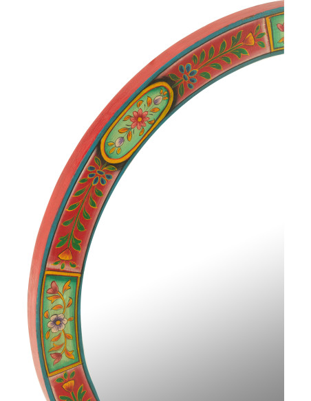 Miroir mural indien Rond 75x75 en Bois Rouge Vert Motif fleurs Mumbai - 2