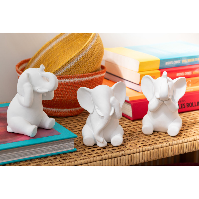 Statuettes déco moderne Éléphant Voir Entendre Se taire Hauteur 13 cm en Résine Blanc Zena (Lot de 3) - 2