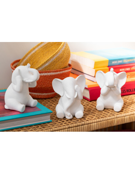 Statuettes déco moderne Éléphant Voir Entendre Se taire Hauteur 13 cm en Résine Blanc Zena (Lot de 3) - 2