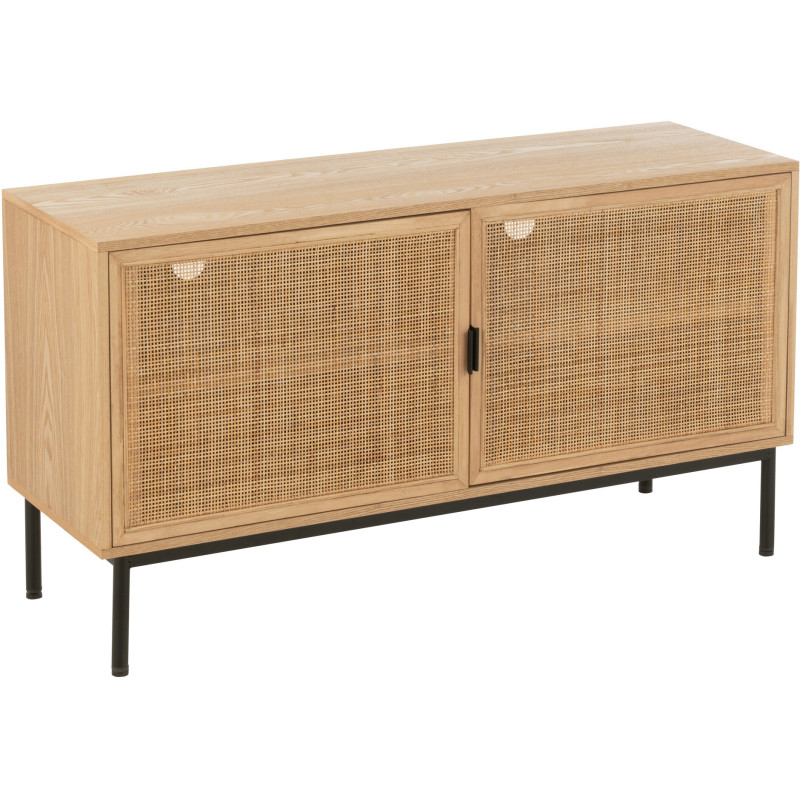 Meuble télé moderne sur pieds 2 portes en Bois Naturel Cannage Métal Noir Elbe - 1