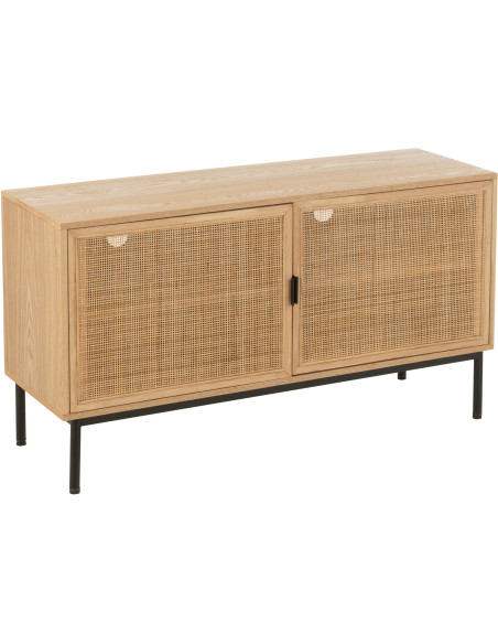 Meuble télé moderne sur pieds 2 portes en Bois Naturel Cannage Métal Noir Elbe - 1