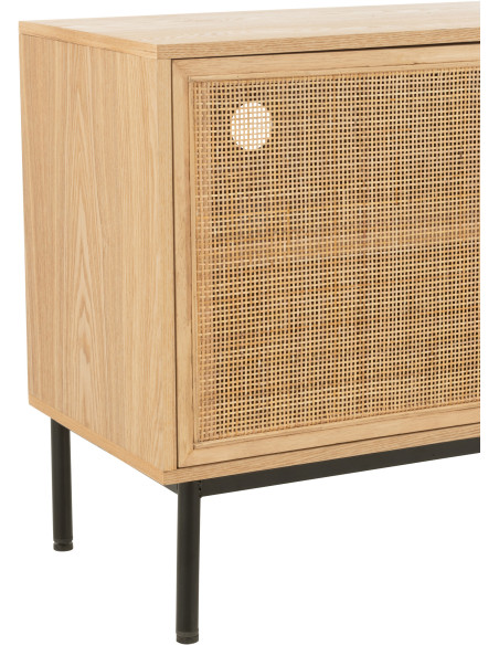 Meuble télé moderne sur pieds 2 portes en Bois Naturel Cannage Métal Noir Elbe - 5