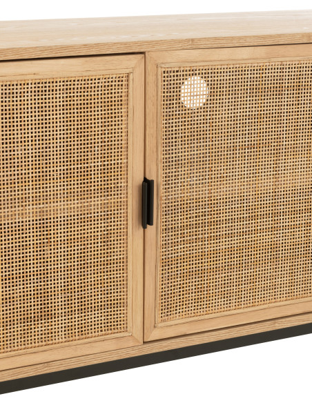 Meuble télé moderne sur pieds 2 portes en Bois Naturel Cannage Métal Noir Elbe - 6