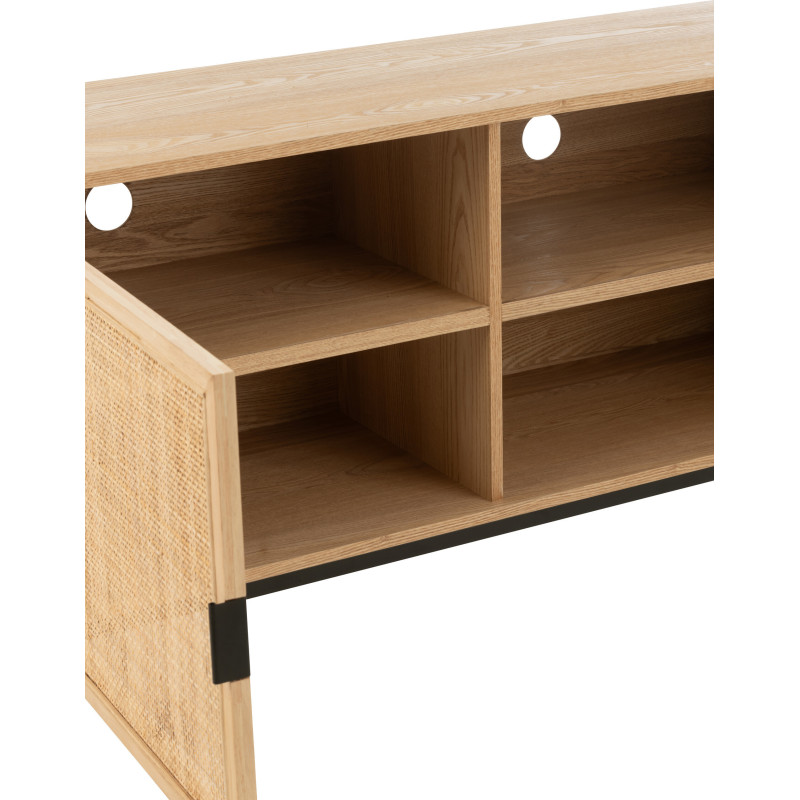 Meuble télé moderne sur pieds 2 portes en Bois Naturel Cannage Métal Noir Elbe - 8