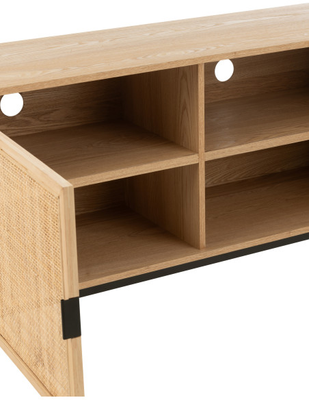 Meuble télé moderne sur pieds 2 portes en Bois Naturel Cannage Métal Noir Elbe - 8