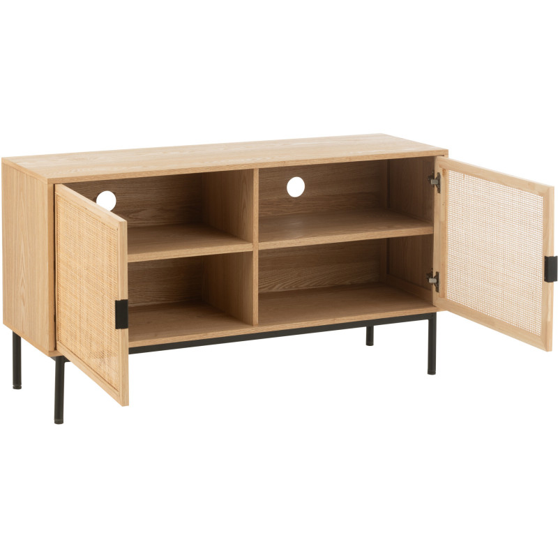 Meuble télé moderne sur pieds 2 portes en Bois Naturel Cannage Métal Noir Elbe - 9
