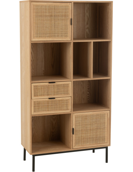 Grande Bibliothèque moderne 2 portes 2 tiroirs 6 niches en Bois Naturel Cannage Métal Noir Elbe - 1