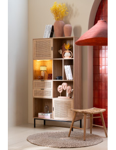 Grande Bibliothèque moderne 2 portes 2 tiroirs 6 niches en Bois Naturel Cannage Métal Noir Elbe - 1 2