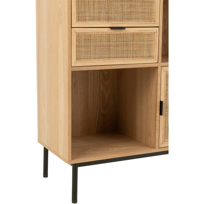 Grande Bibliothèque moderne 2 portes 2 tiroirs 6 niches en Bois Naturel Cannage Métal Noir Elbe - 6