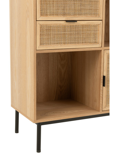 Grande Bibliothèque moderne 2 portes 2 tiroirs 6 niches en Bois Naturel Cannage Métal Noir Elbe - 6