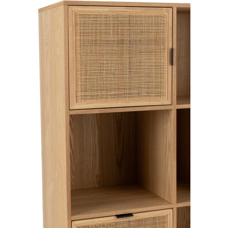 Grande Bibliothèque moderne 2 portes 2 tiroirs 6 niches en Bois Naturel Cannage Métal Noir Elbe - 7