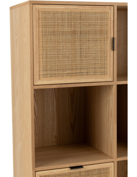 Grande Bibliothèque moderne 2 portes 2 tiroirs 6 niches en Bois Naturel Cannage Métal Noir Elbe - 7