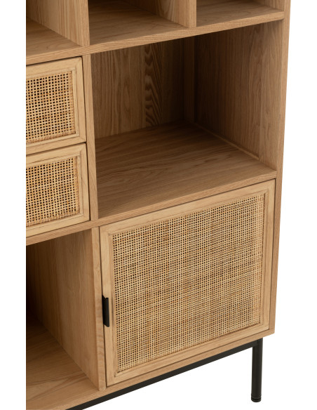 Grande Bibliothèque moderne 2 portes 2 tiroirs 6 niches en Bois Naturel Cannage Métal Noir Elbe - 8