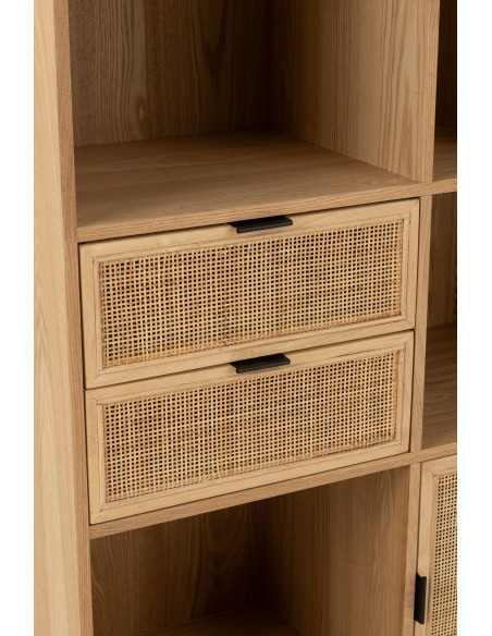 Grande Bibliothèque moderne 2 portes 2 tiroirs 6 niches en Bois Naturel Cannage Métal Noir Elbe - 9