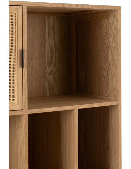 Grande Bibliothèque moderne 2 portes 2 tiroirs 6 niches en Bois Naturel Cannage Métal Noir Elbe - 10