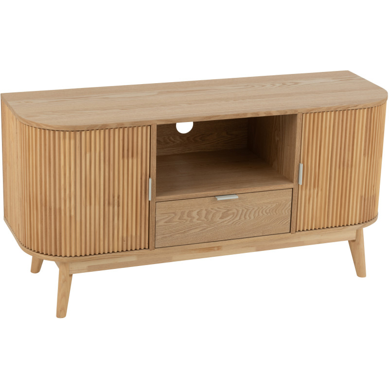 Meuble télé japandi arrondi 2 portes 1 tiroir 1 niche en Bois de pin Naturel Kaori - 1