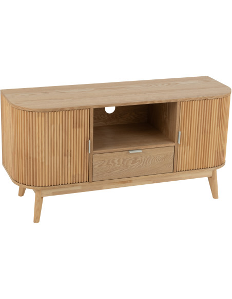 Meuble télé japandi arrondi 2 portes 1 tiroir 1 niche en Bois de pin Naturel Kaori - 1