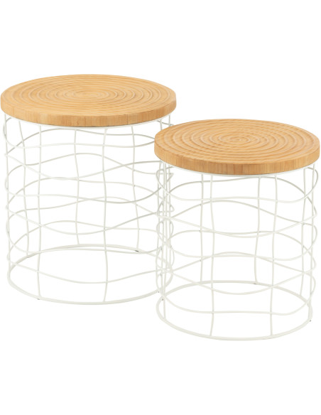 Table d'appoint bord de mer Ronde en Métal Blanc Bois d'épicéa Naturel Séliana (Lot de 2) - 1