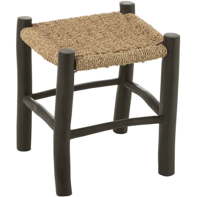 Tabouret japandi carré en Bois de teck Noir Jonc de mer Naturel Sumo - 1