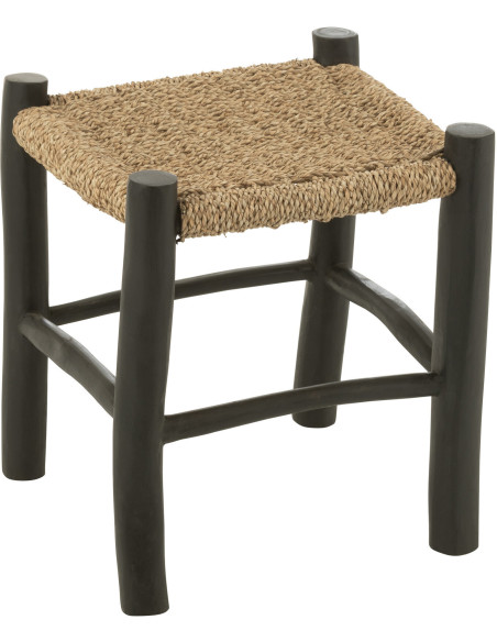 Tabouret japandi carré en Bois de teck Noir Jonc de mer Naturel Sumo - 1