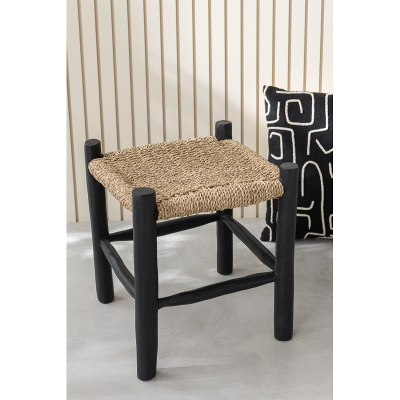 Tabouret japandi carré en Bois de teck Noir Jonc de mer Naturel Sumo - 2