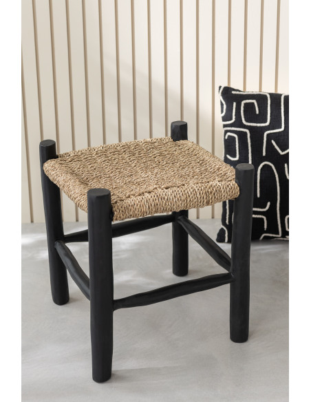 Tabouret japandi carré en Bois de teck Noir Jonc de mer Naturel Sumo - 2