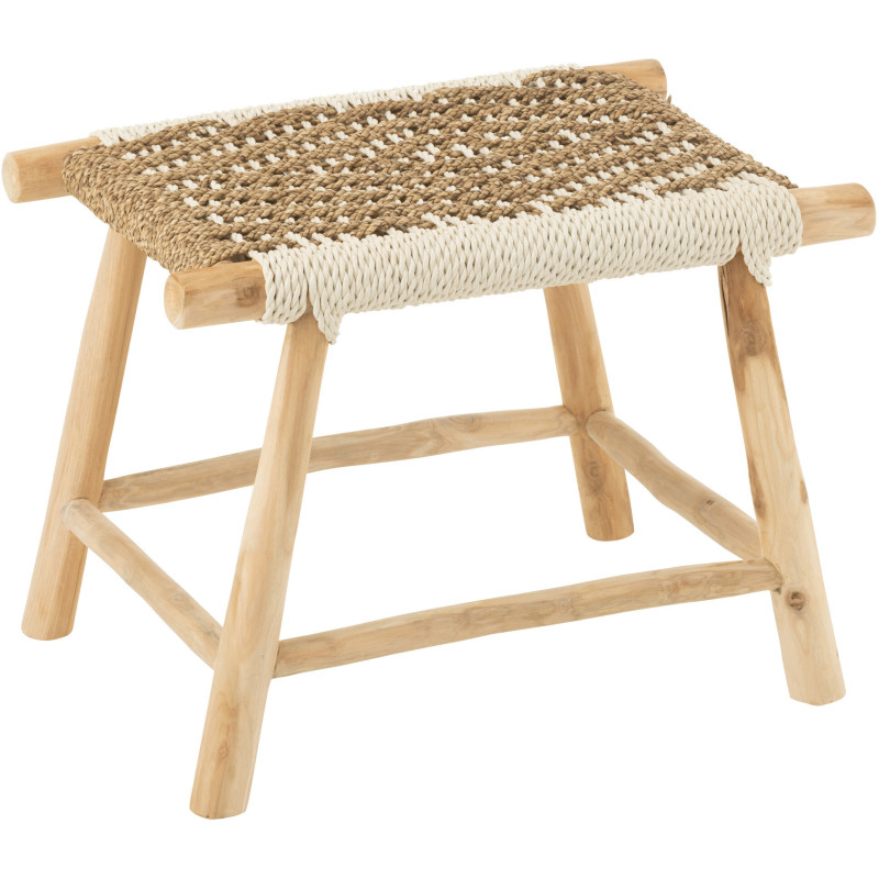 Tabouret balinais rectangulaire en Bois de teck Jonc de mer Naturel Blanc Waverly - 1