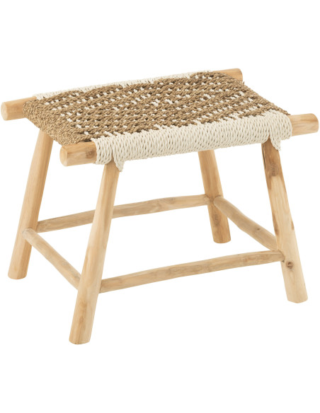 Tabouret balinais rectangulaire en Bois de teck Jonc de mer Naturel Blanc Waverly - 1
