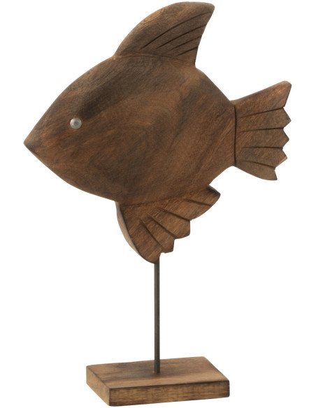 Sculpture déco sur pied Poisson Hauteur 31 cm en Bois de manguier Marron Métal Noir Noka J-Line - 1