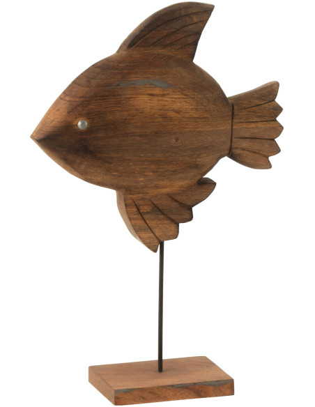Grande Sculpture déco sur pied Poisson Hauteur 40 cm en Bois de manguier Marron Métal Noir Noka - 1