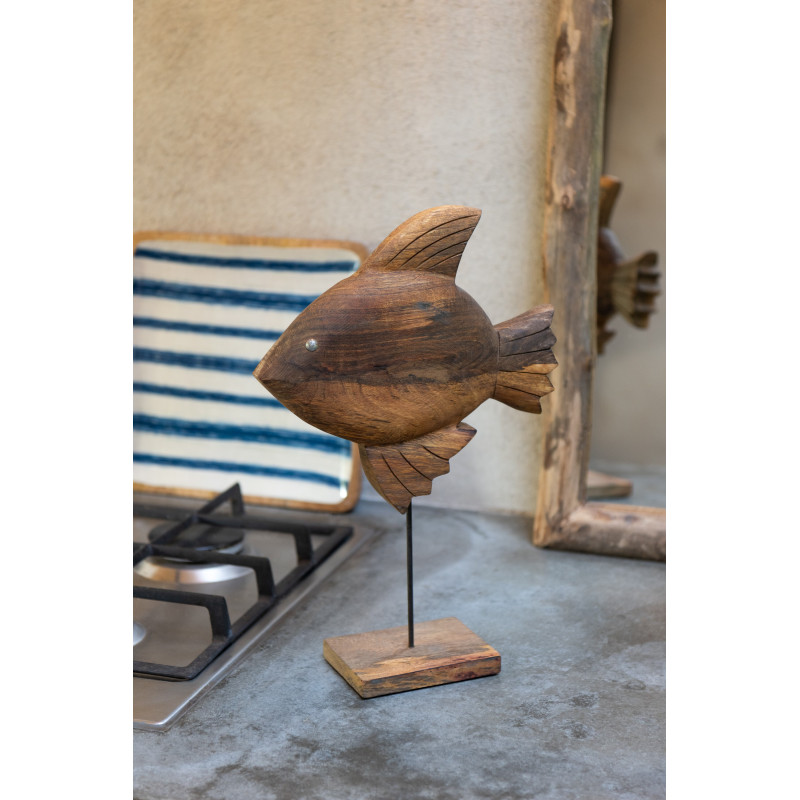 Grande Sculpture déco sur pied Poisson Hauteur 40 cm en Bois de manguier Marron Métal Noir Noka - 2
