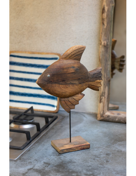 Grande Sculpture déco sur pied Poisson Hauteur 40 cm en Bois de manguier Marron Métal Noir Noka - 2