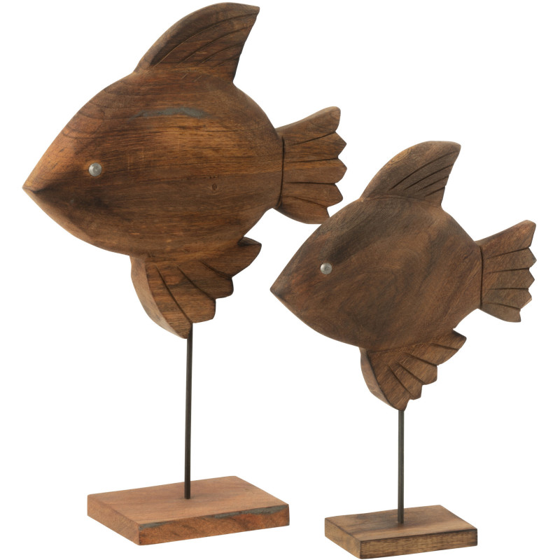 Grande Sculpture déco sur pied Poisson Hauteur 40 cm en Bois de manguier Marron Métal Noir Noka - 3