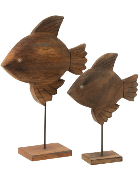 Grande Sculpture déco sur pied Poisson Hauteur 40 cm en Bois de manguier Marron Métal Noir Noka - 3