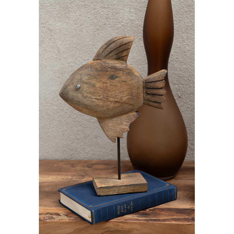 Grande Sculpture déco sur pied Poisson Hauteur 40 cm en Bois de manguier Marron Métal Noir Noka - 4