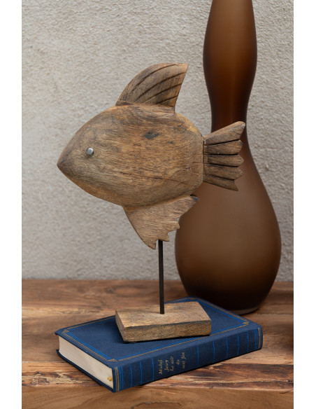 Grande Sculpture déco sur pied Poisson Hauteur 40 cm en Bois de manguier Marron Métal Noir Noka - 4