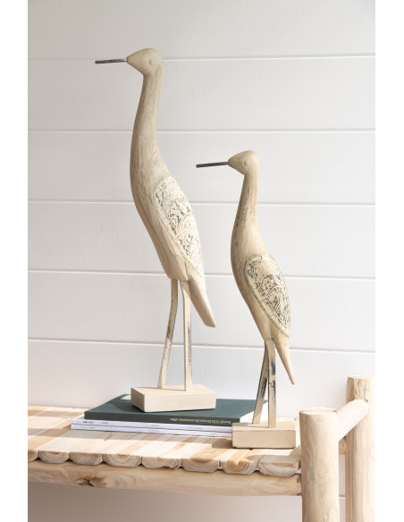 Grande Sculpture déco sur pied Oiseau Hauteur 62 cm en Bois de manguier Métal Beige Pona - 2