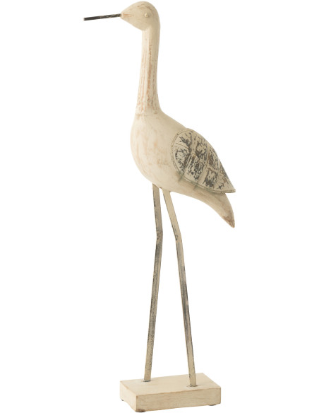 Grande Sculpture déco sur pied Oiseau Hauteur 69 cm en Bois de manguier Métal Beige Pona J-Line - 1