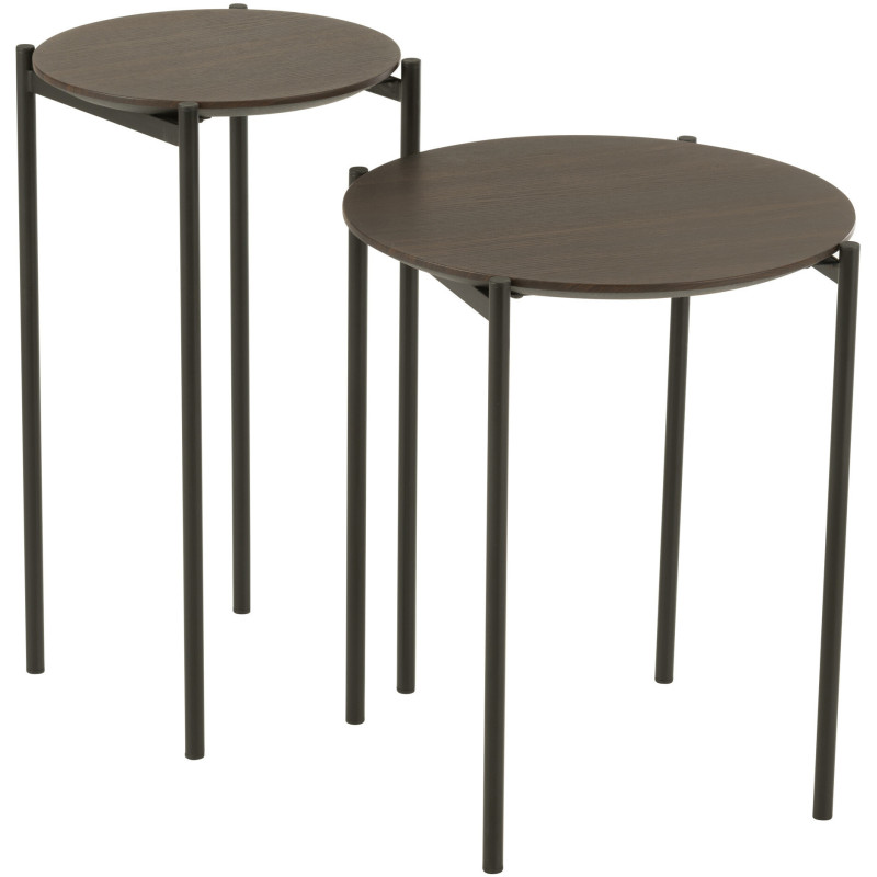 Table d'appoint gigogne vintage Ronde en Bois Marron foncé Métal Noir Vinessa (Lot de 2) - 1
