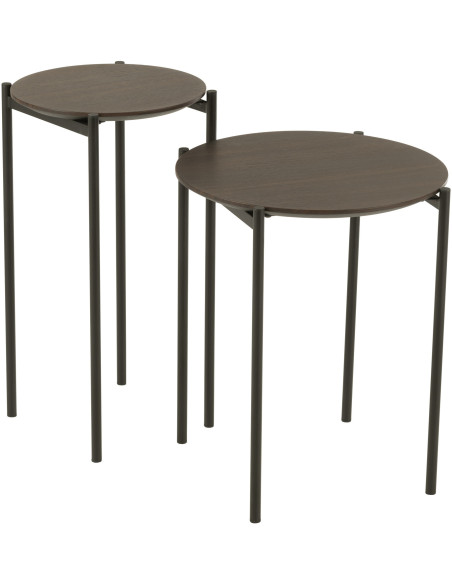 Table d'appoint gigogne vintage Ronde en Bois Marron foncé Métal Noir Vinessa (Lot de 2) - 1
