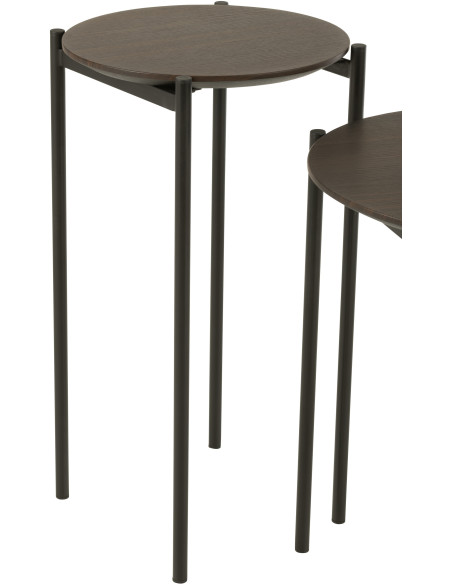 Table d'appoint gigogne vintage Ronde en Bois Marron foncé Métal Noir Vinessa (Lot de 2) - 4
