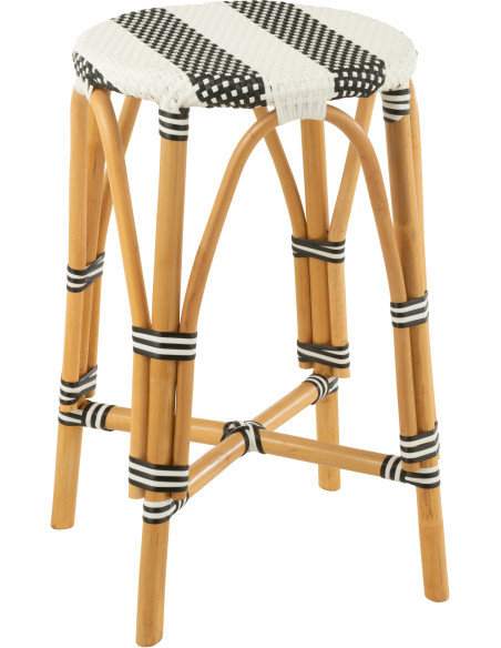Tabouret de bar extérieur rond Hauteur 65 cm en Rotin Naturel Plastique Noir Blanc Live - 1