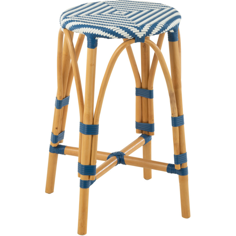 Tabouret de bar extérieur rond Hauteur 65 cm en Rotin Naturel Plastique Bleu Blanc Live - 1
