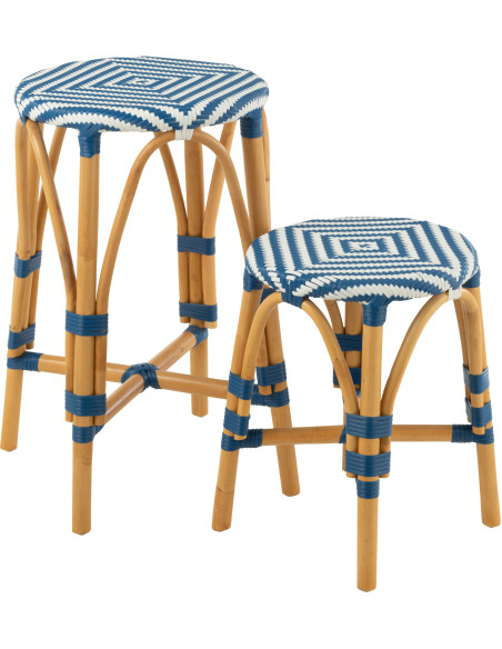 Tabouret de bar extérieur rond Hauteur 65 cm en Rotin Naturel Plastique Bleu Blanc Live - 5
