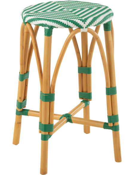 Tabouret de bar extérieur rond Hauteur 65 cm en Rotin Naturel Plastique Vert Blanc Live - 1
