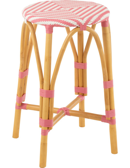 Tabouret de bar extérieur rond Hauteur 65 cm en Rotin Naturel Plastique Rose Blanc Live - 1