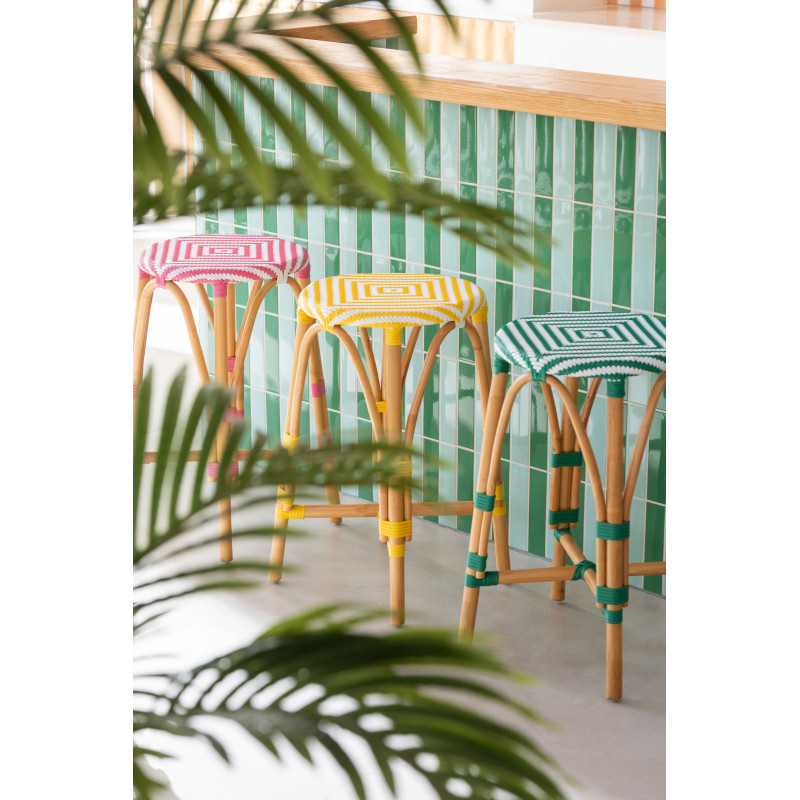 Tabouret extérieur rond en Rotin Naturel Plastique Jaune Blanc Live - 5